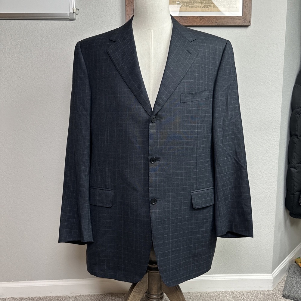 Canali Blazer Men 44L Windowpane Super 120's‎ Wool 3 Button Made in Italy